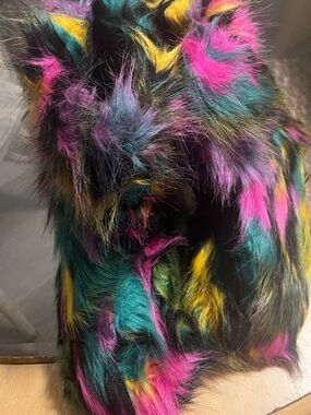 Faux Fur Multicolor Ankle Booties - Bold Pink, Teal & Yellow